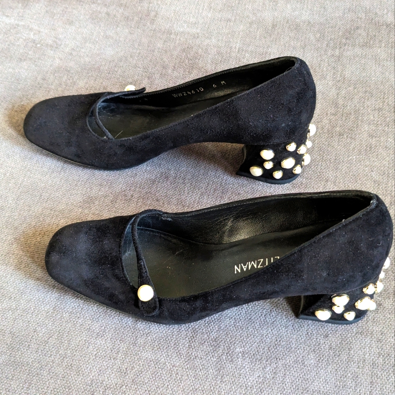 Stuart Weitzman Black Suede Mary Jane Pumps Pearl Embellished Heels In Size 6
